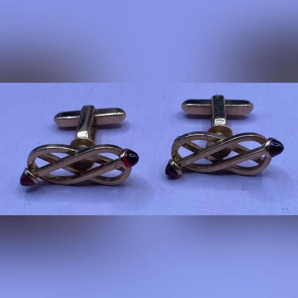 Gold Tone Mens Cufflinks Red Teardrop Glass Infinity Knot Whale Back Style 1”